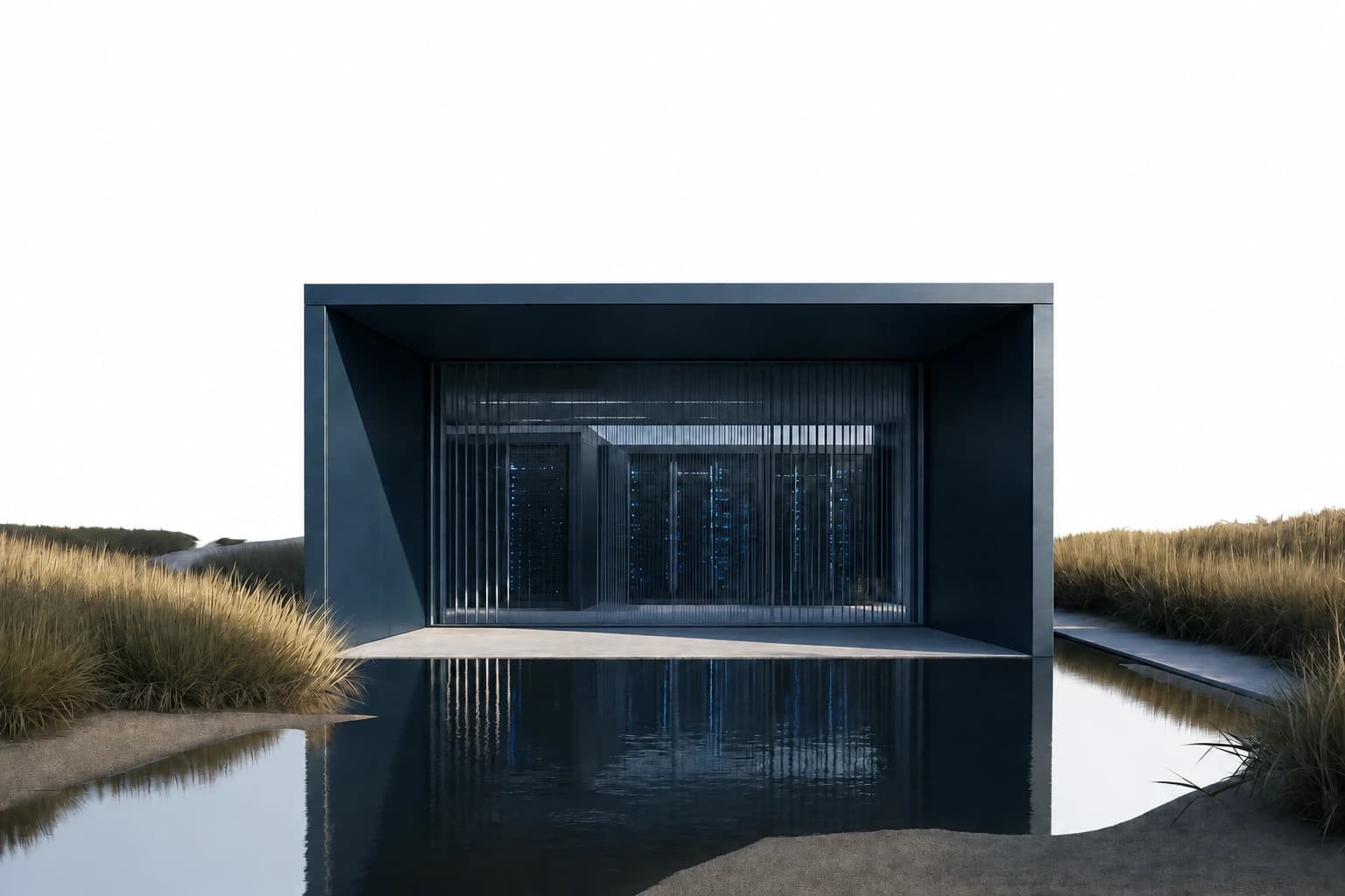 Conceptual blue technology pavilion reflected in water